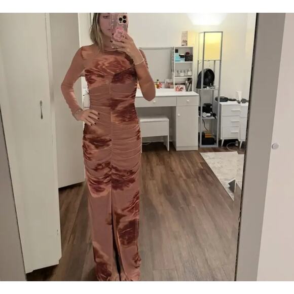 Black Halo Mesh Ruched Maxi Dress SIZE 4 Jersey Gown Watercolor Designer $500 - Picture 4 of 11